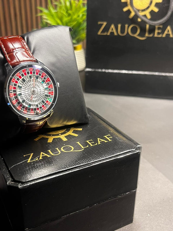 Maalik. Silver Case Brown strap Casino Roulette Men's Watch