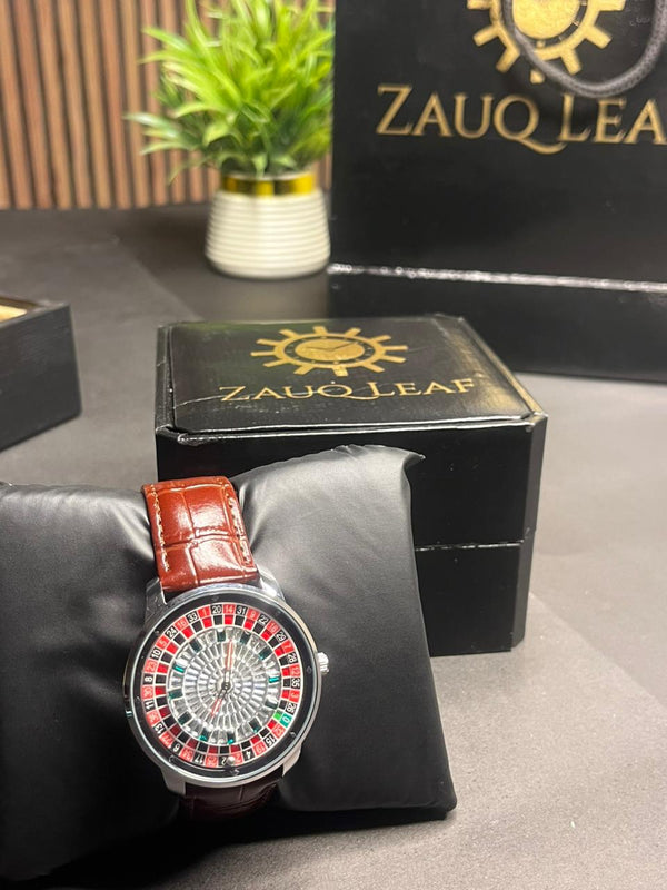 Maalik. Silver Case Brown strap Casino Roulette Men's Watch