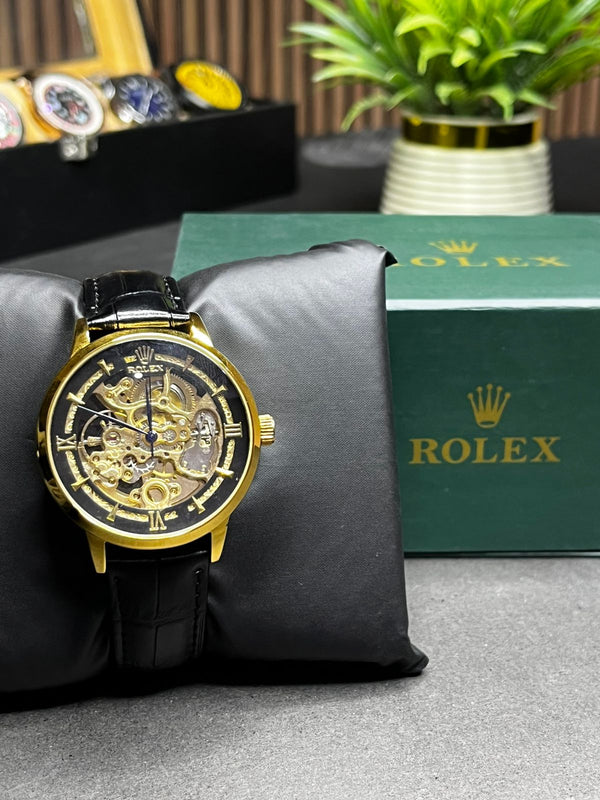Rolex Inspired Gold Case Black Strap Skeleton Automatic Watch