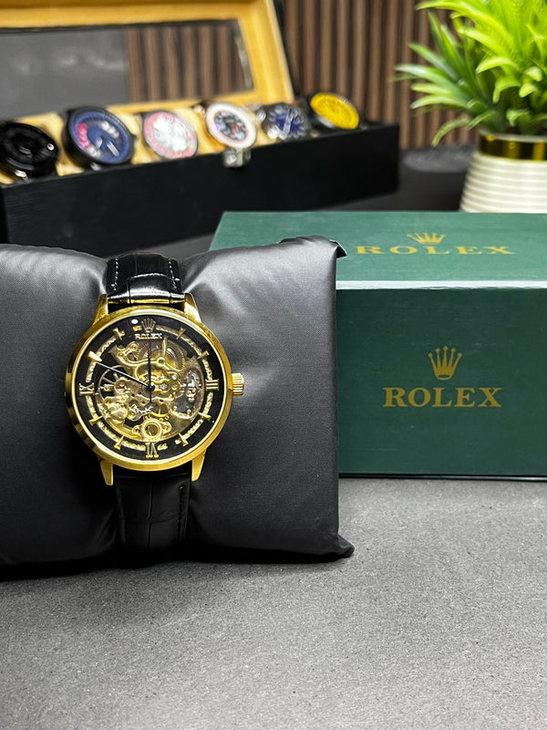Rolex Inspired Gold Case Black Strap Skeleton Automatic Watch