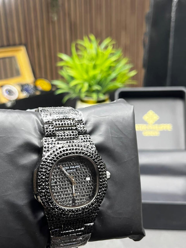 PATEK PHILIPPE Inspired Full Black Diamond Nautilus Style Men's Watch