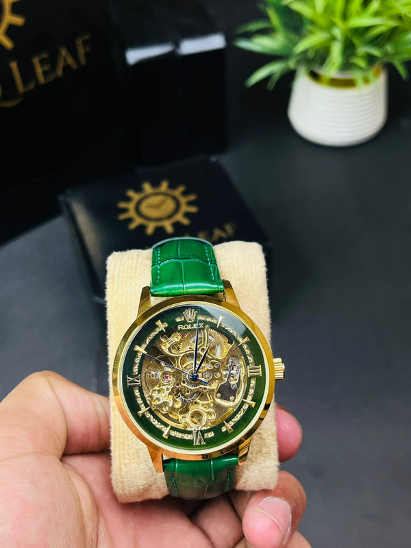 Rolex Inspired Gold Case Green Strap Skeleton Automatic Watch